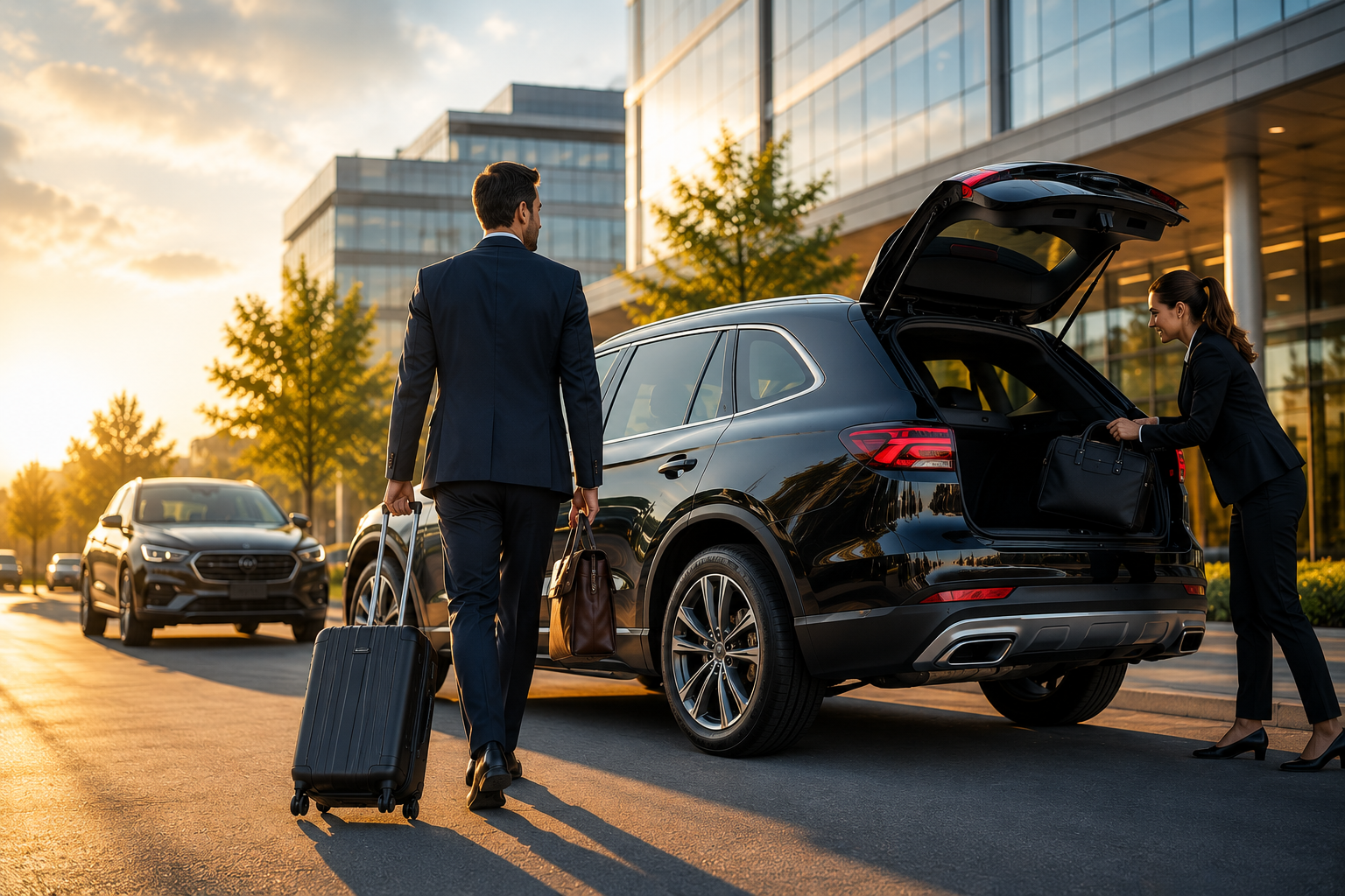 Business travelers loading luggage into a rental SUV outside a modern office